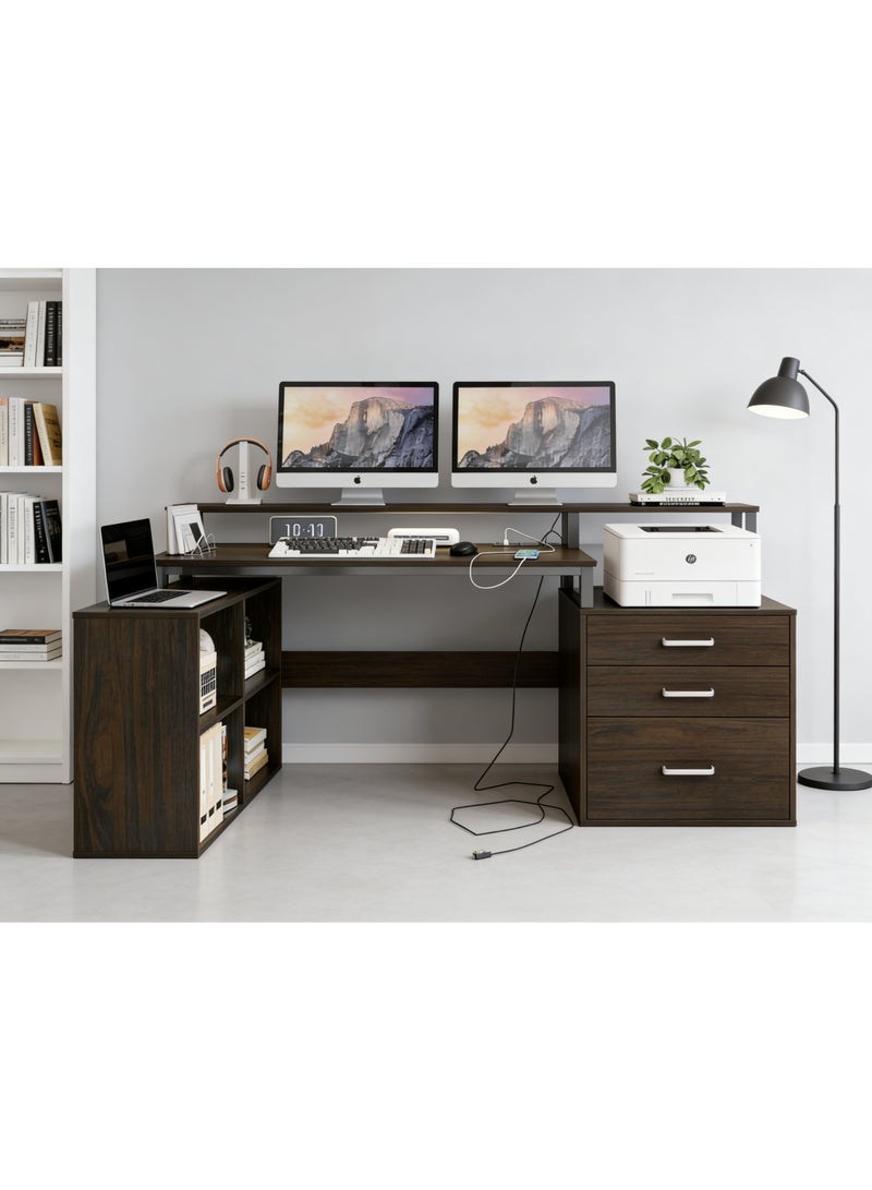 مكتب الكمبيوتر على شكل L مع منافذ الطاقة وموانئ USB ، مكتب الألعاب الزاوية القابلة للعكس مع موقف الشاشة ودراج الملفات 3 ، مكتب المكتب المنزلي الصناعي مع رفوف التخزين ، محطة عمل مكتب الكتابة الكبيرة للألعاب ، الدراسة ، المكتب (YN125) - Image 3